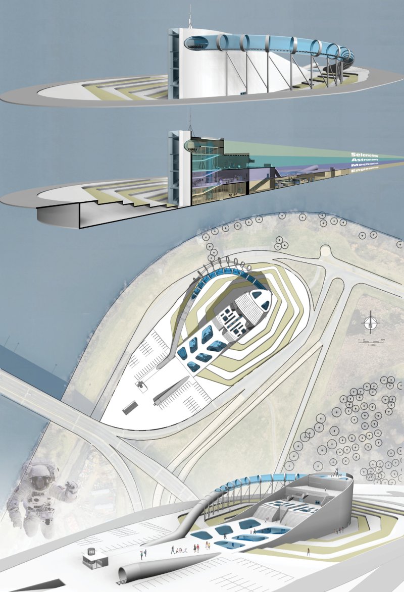 Axonometric drawing showing a teardrop-shaped complex with cylindrical roof elements and layered contour terracing