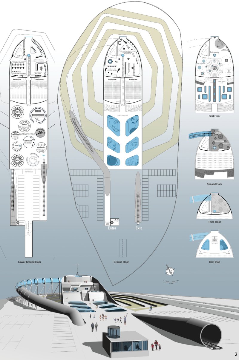 Floor plan drawings and perspective view showing the bulbous form with curving access ramps