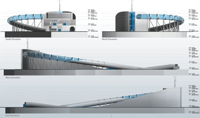 Elevation drawings from four directions showing the tubular glazed roof and sloping grade relationships