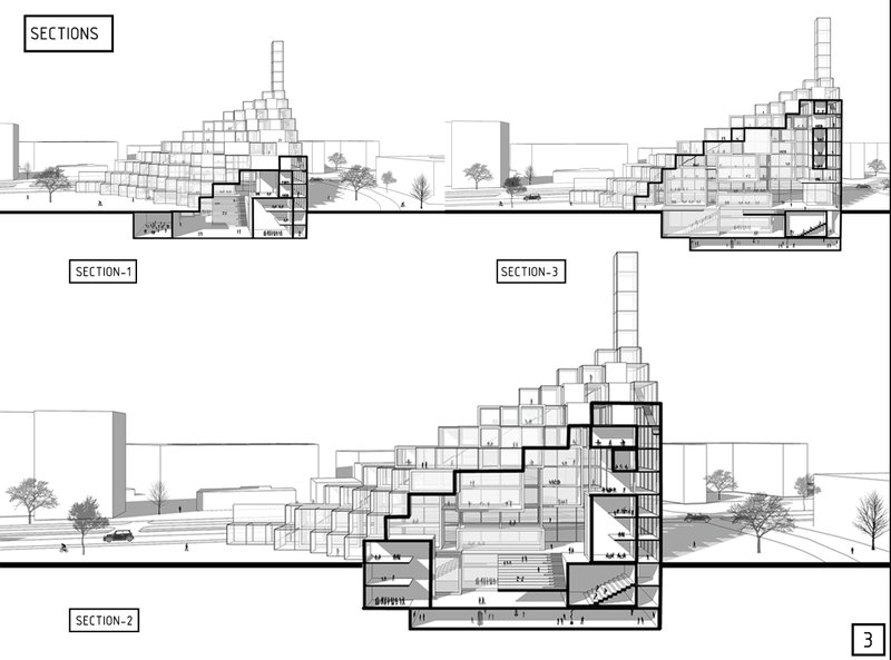 Longitudinal and cross sections reveal volumetric layering, functional stacking, and communal integration across all levels.