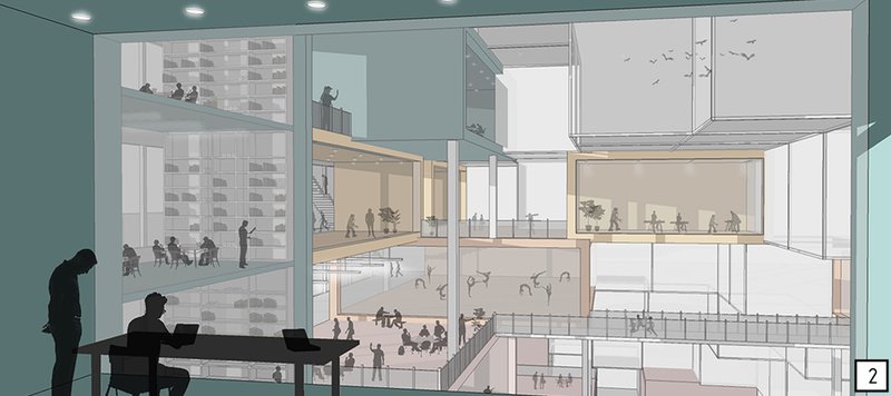 An expansive interior showcasing diverse zones—reading, collaboration, recreation—unified by transparency and adaptive spatial design.