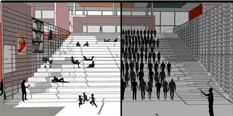 Dual-use stair plaza doubling as informal lounge and structured event space, reinforcing the civic and participatory function.