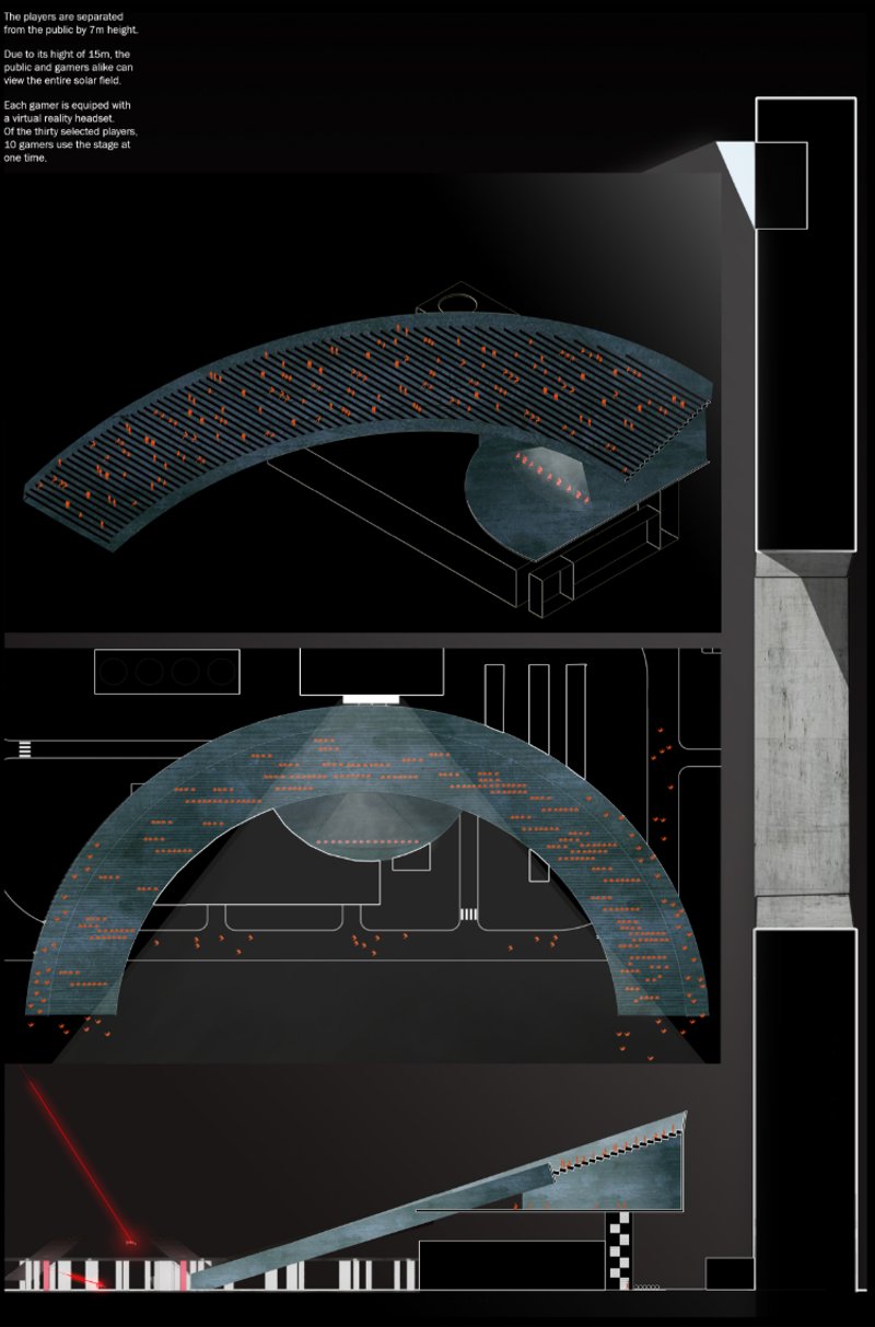 Axonometric and elevation drawings showing the curved roof structure with solar panels and central void