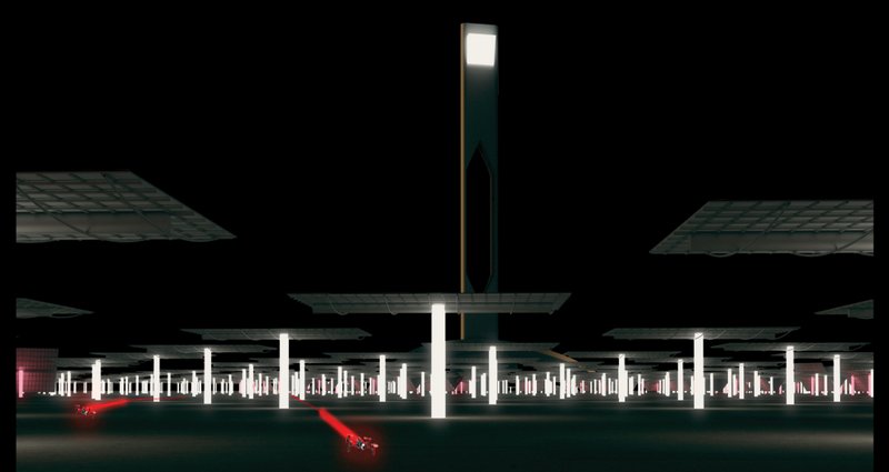 Night rendering of the elevated canopy with illuminated white columns and red streaks of traffic below
