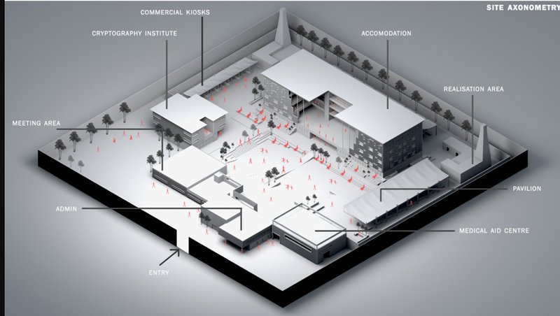 An overall spatial layout illustrating modular units, cryptography institute, public areas, and integration zones for rehabilitation.