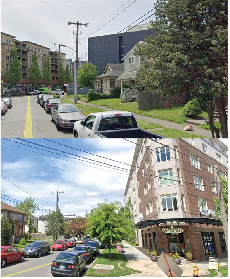 Residential street scenes exemplifying integration of low-rise homes and mid-rise apartments, key to modular densification.