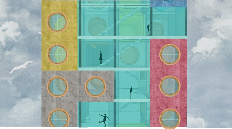 Elevation showing colorful unit clustering and transparent, light-filled interiors.