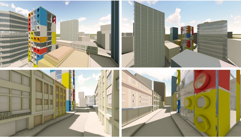 Vibrant plug-in towers introduce playful modularity into the urban skyline.