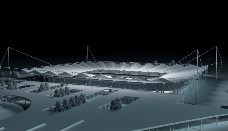 A dramatic view of the stadium's tensile roof structure seamlessly merging with the surrounding public plaza.