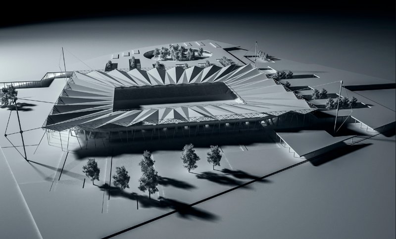 A top-down render revealing the dynamic folded geometry and how the structure interfaces with urban edges.