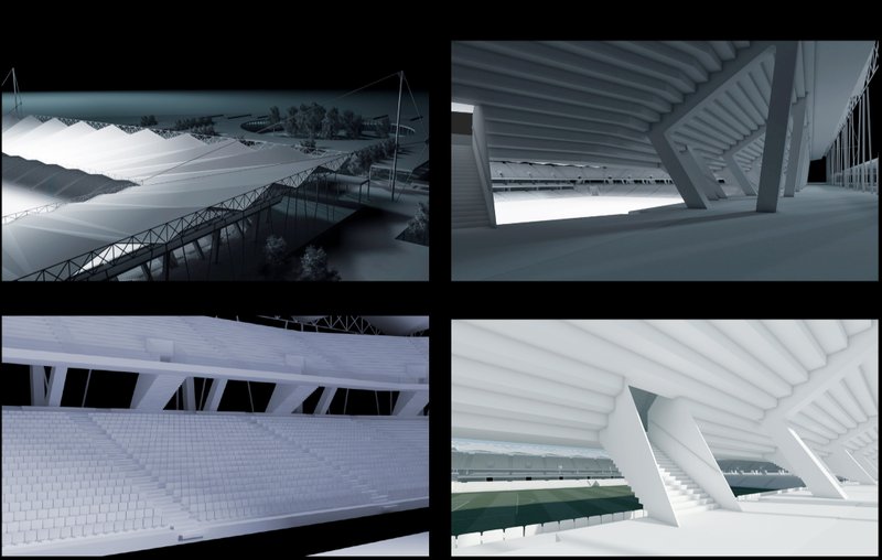 Close-up interior and underside perspectives emphasizing the rhythmic column-grid and spectator circulation.