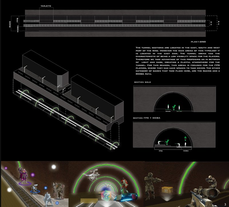 Plan and sectional views showing spatial division of the tunnel for solo, FPS, and MOBA gameplay environments.