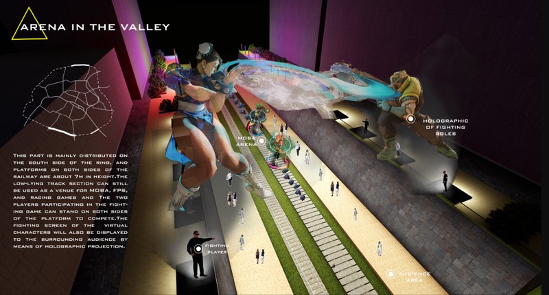 Elevated battle zones with holographic projections transform this valley into a public MOBA and fighting game arena.