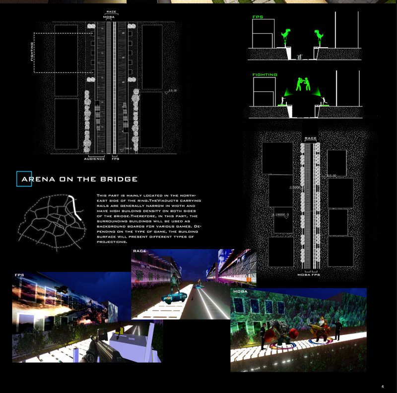 Bridge zone converts viaducts into racing tracks and FPS fields with projected gameplay across adjacent building façades.
