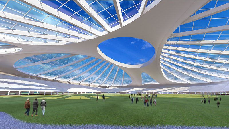 Innovative glass canopy floods the arena with natural light, merging structure and sky.