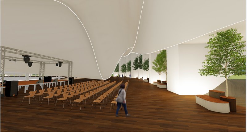 Fluid event room interior blends organic form, wood finishes, and biophilic design.