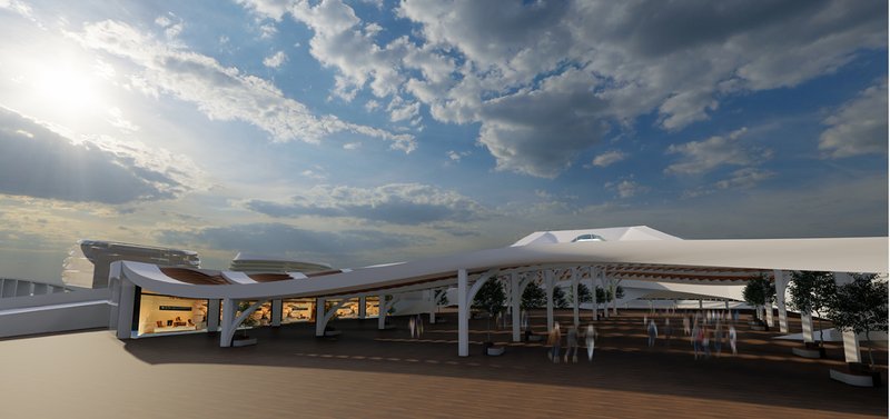 Open-air retail promenade blends natural light, flowing structure, and community interaction within the stadium complex.