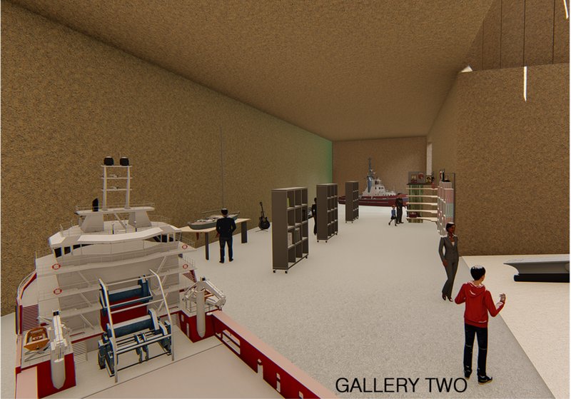 The interior gallery showcases military models and maritime artifacts, inviting immersive historical engagement.