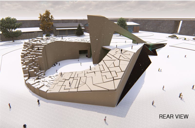 Rear elevation reveals a fragmented, climbable surface integrated with visitor pathways and experiential zones.
