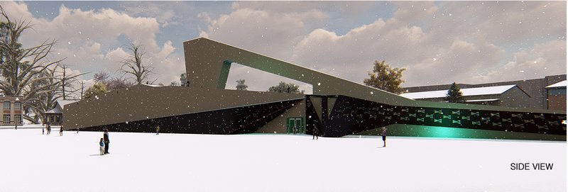 Dynamic angular forms define the side facade, combining jute fabric and pykrete with green-lit accents.