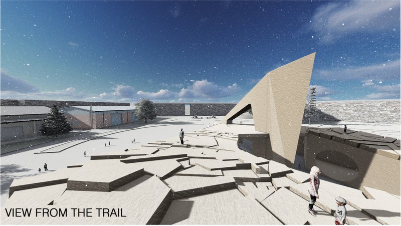 Trekking trail merges into the memorial roofscape, allowing visitors to walk over the structure itself.