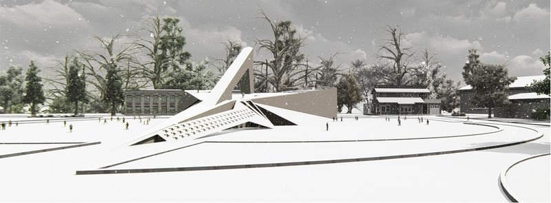 The Habakkuk Monument framed by Quebec’s historic architecture and stark winter landscape.