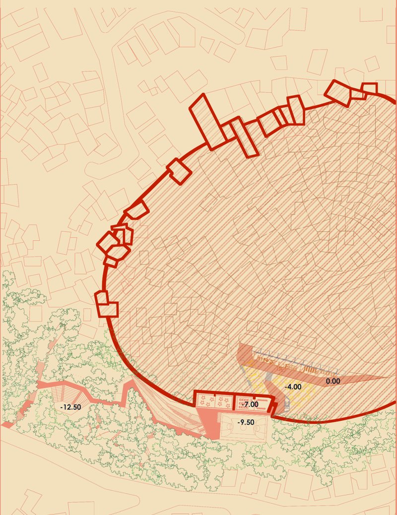 Site strategy revealing spatial layering and terrain integration with key programmatic zones along the red spine.