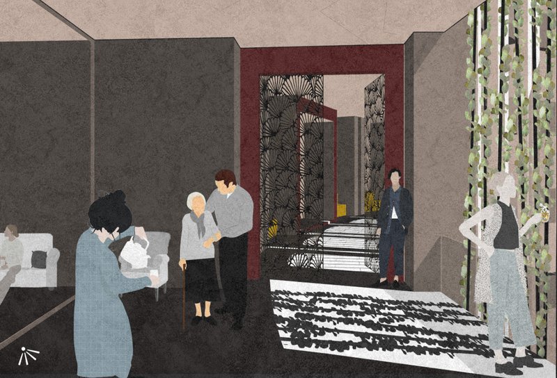 Reception lounge offering privacy and comfort for families during ceremonies, blending warmth and quietude.