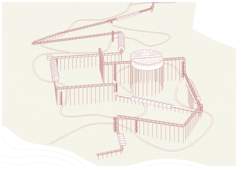 3D axonometric view revealing the organic layout of tubular pathways.