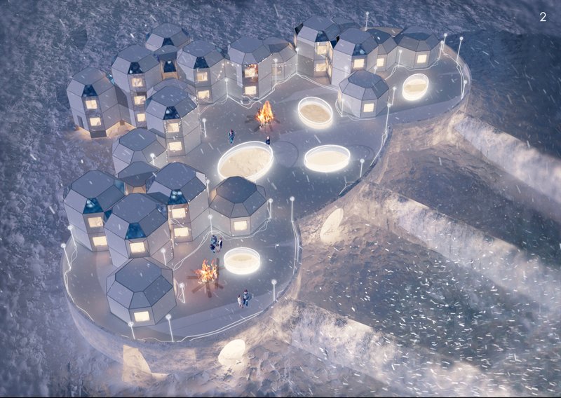 Top-down view of an Arctic village with clustered modules and shared open fire zones.