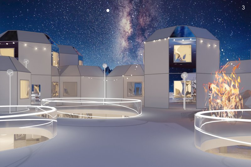 Community terrace framed by housing modules, glowing with social life under the stars.