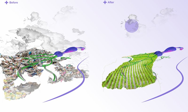 Visual comparison showing the site’s metamorphosis from waste-filled terrain to productive agricultural land.