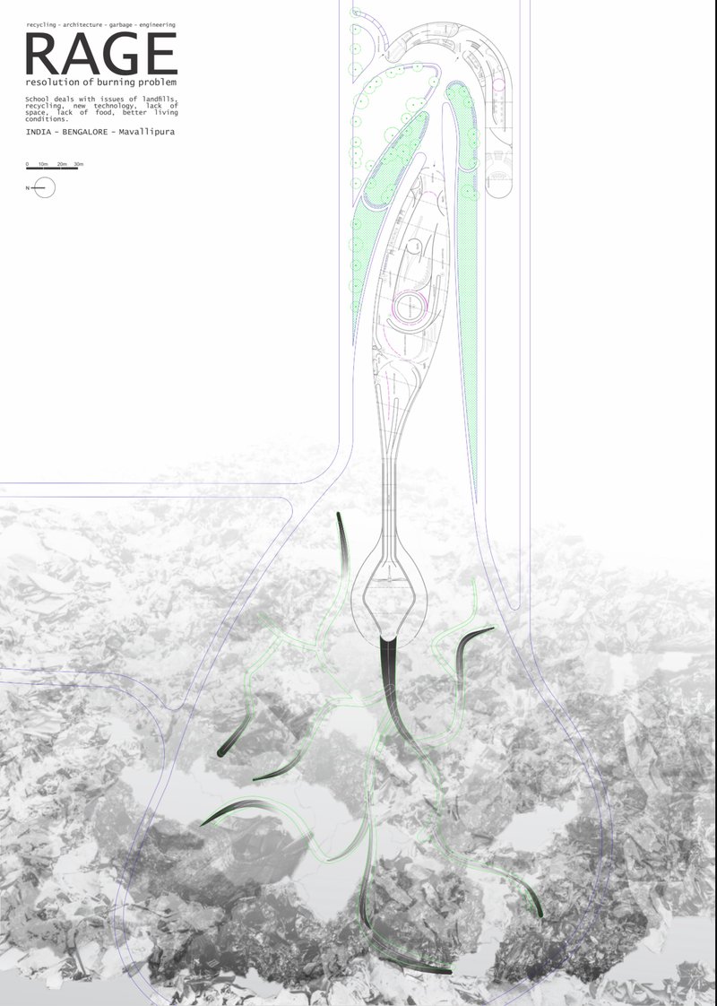Site plan revealing the fluid, root-like structure of RAGE that draws waste inward and growth outward.