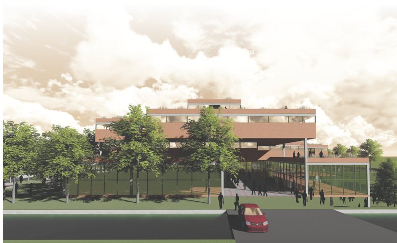 Front elevation showcasing stepped green terraces and transparent community zones.