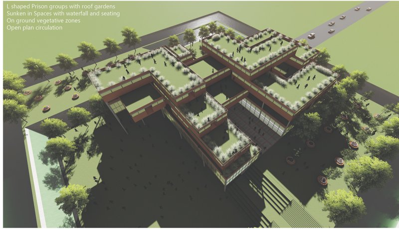 Top-down view revealing L-shaped prison blocks with rooftop gardens and open courtyards.
