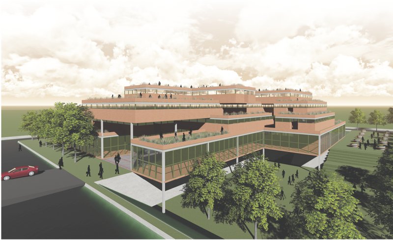 Perspective render of the terraced structure promoting layered interaction and visibility.