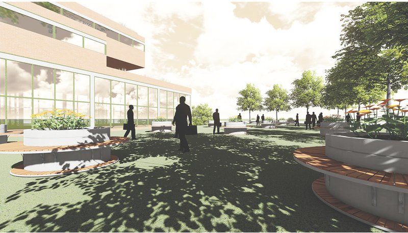 Circular seating with integrated planters supporting therapeutic outdoor activities.