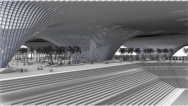 A sweeping view beneath the stadium’s fluid roof, where nature and architecture coexist seamlessly.