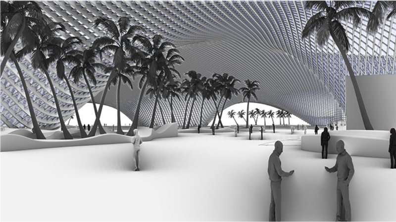 Public space filled with palm trees and open pathways, encouraging social interaction and relaxation.