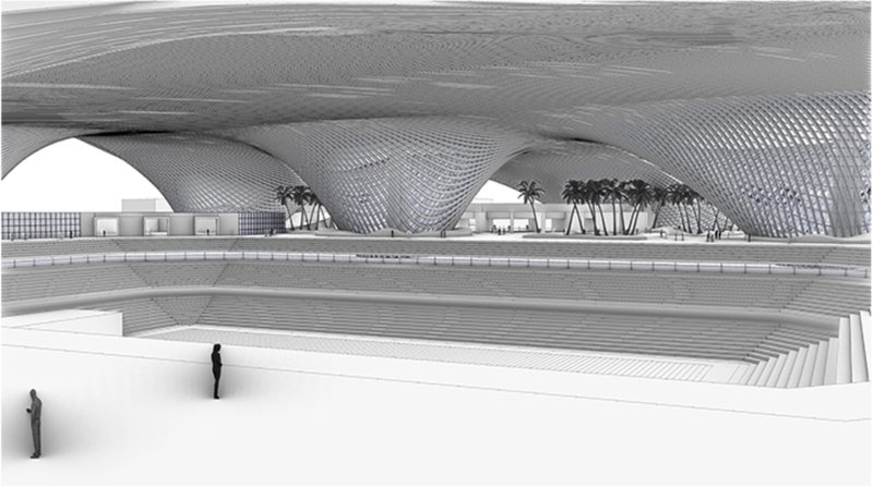 The central field encircled by continuous seating, framed by dramatic structural curves.