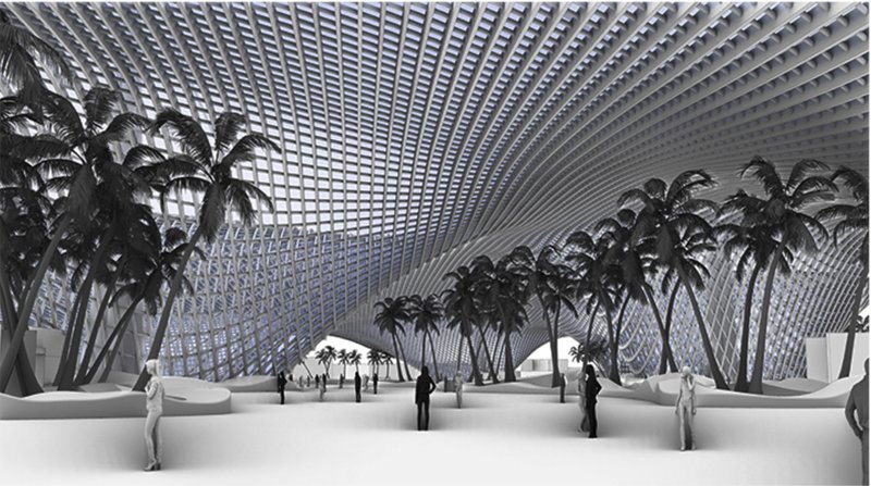 A shaded promenade beneath the undulating canopy, designed for daily cultural and civic use.
