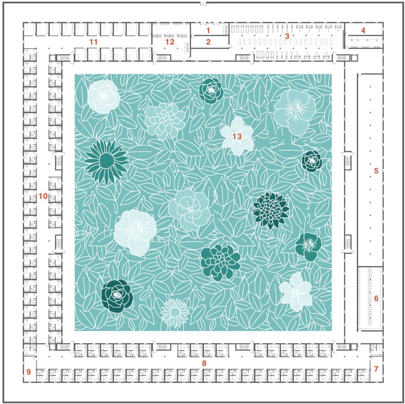 Floor plan drawing showing rooms arranged around a central courtyard with floral pattern paving