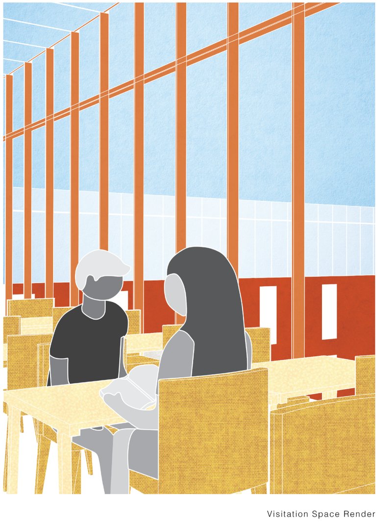 Illustration showing two figures at timber tables with orange structural columns framing glazed walls
