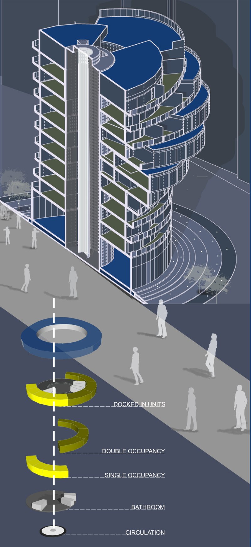 Visual breakdown of stacked occupancy units forming the tower’s twisted structure.