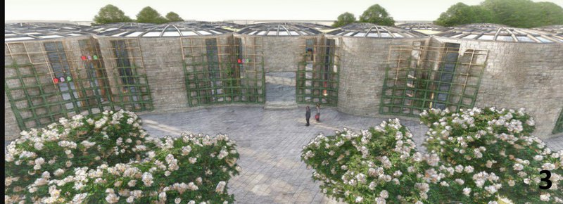 Castle-like circular volumes and gridded facades create a secure yet open threshold—inviting users into a space of healing and connection.