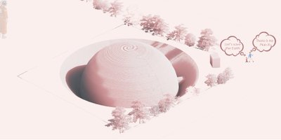 The image presents a conceptual architectural rendering of a dome-shaped structure integrated into a