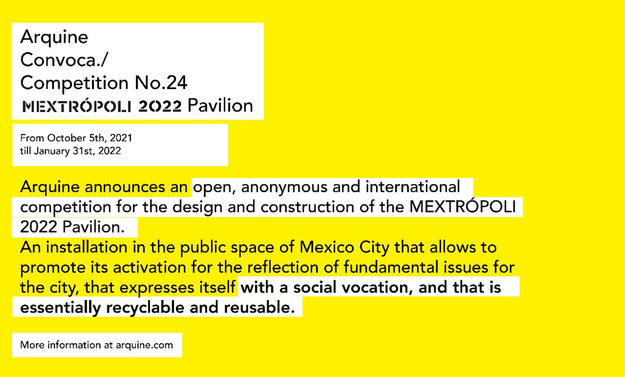 Arquine Competition No. 24 | MEXTRÓPOLI 2022 Pavilion