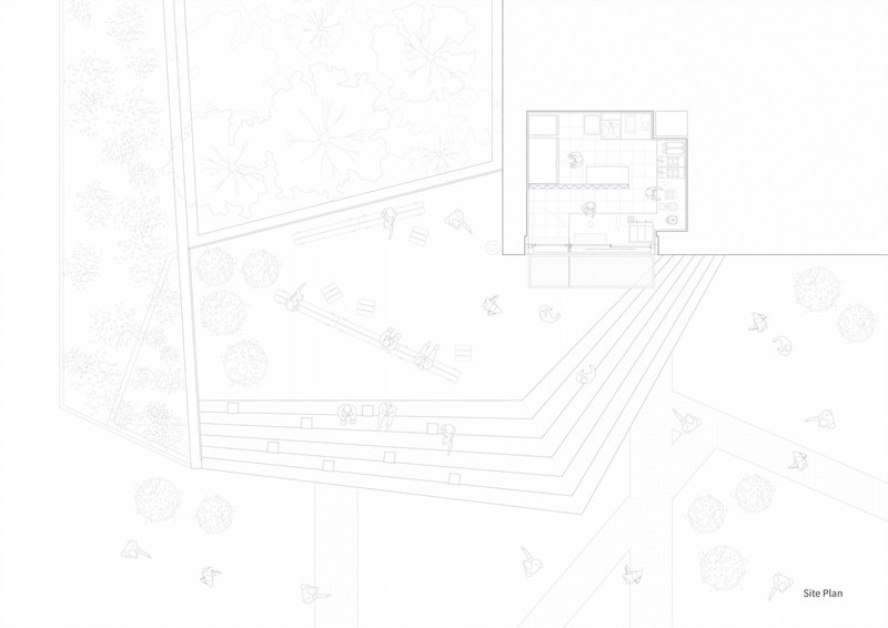 Site plan drawing showing the kiosk footprint and terraced steps in landscape context