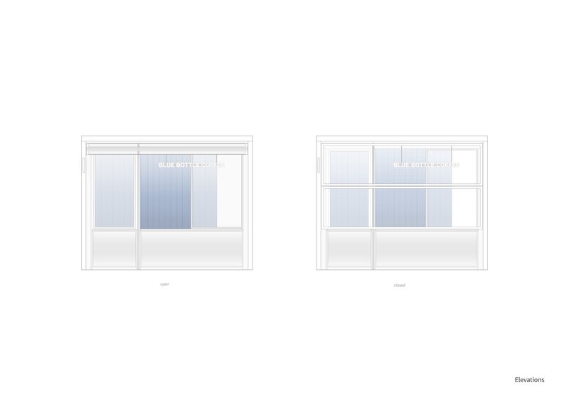 Elevation drawings of two window configurations with translucent panels in open and closed positions