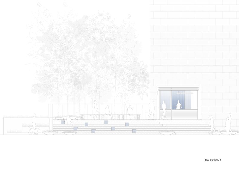 Site elevation drawing showing a pavilion with stepped plaza and surrounding trees with figures